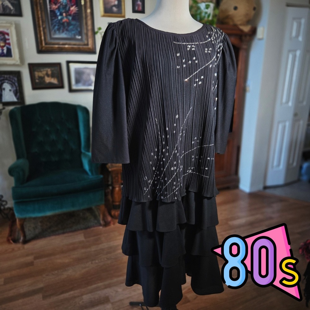 Sandi Dee Cocktail Dress Vintage 80s Black Tiered Ruffle Pleated Plus Size 20W